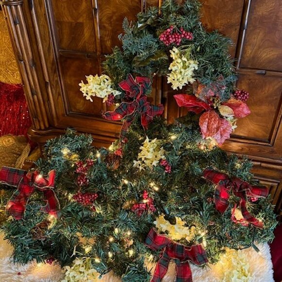 2pc 20" Red Tartan Plaid Bow White Flower Wreath Matching 18ft Pinecone Garland - Picture 1 of 14